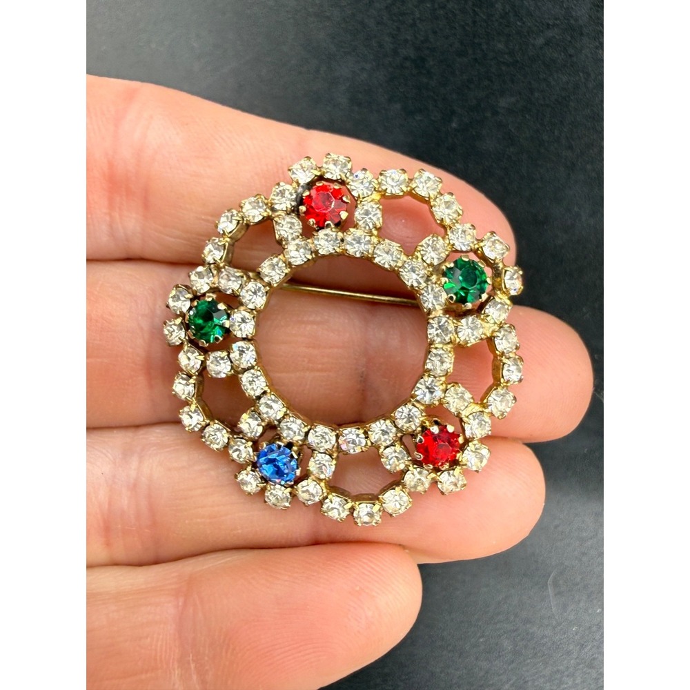 Vintage Estate Rhinestone Brooch Circle Multicolor Gold Tone Fashion 1.25in